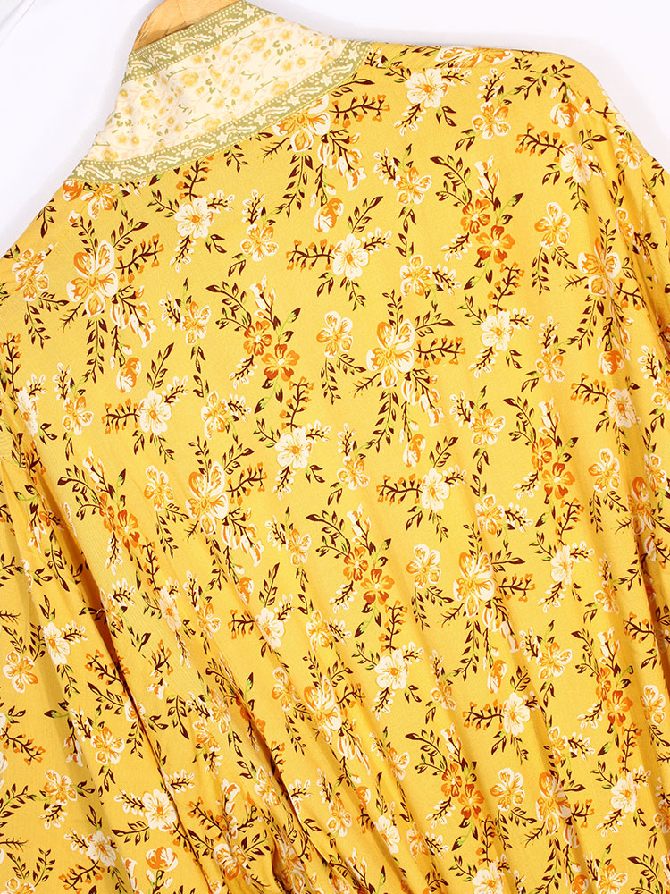 Vestido de fiesta nupcial con estampado floral, color amarillo, de algodón, largo hasta el suelo, bata tipo kimono