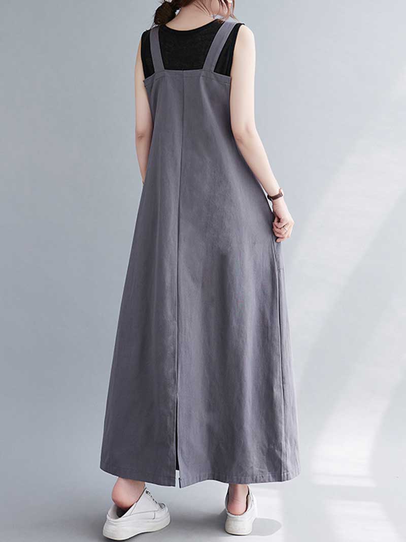 Plain Cotton Sleeveless Pocket Style Salopette Dress