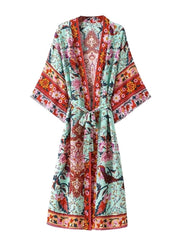 Nachtwäsche Blumendruck Grün Farbe Baumwolle Lange Länge Kleid Kimono Robe