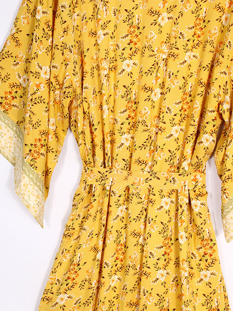 Vestido de fiesta nupcial con estampado floral, color amarillo, de algodón, largo hasta el suelo, bata tipo kimono