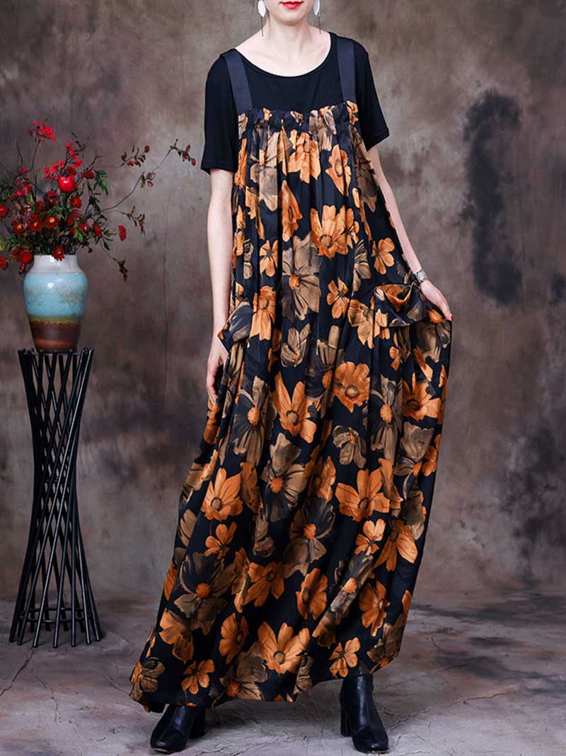 Always Glowing Printed  Pleated Pocket Maxi Salopette Dress