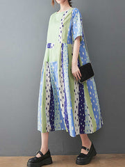 Polka Dot Print Round-Neck Short Sleeves A-Line Dress Dress