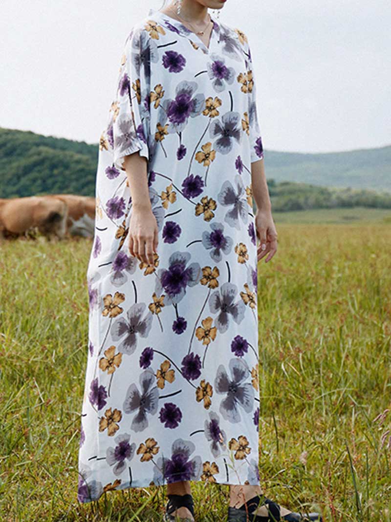 Cotton Multicolor Half Sleeves Kaftan Dress