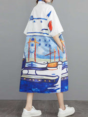 Abstract Art Print Cotton Short Sleeve A-Line Shirt Dress