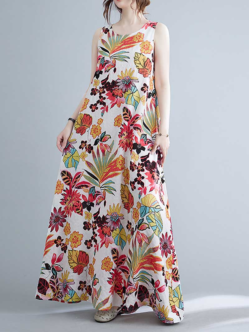 Sleeveless Cotton Floral A-Line Dress