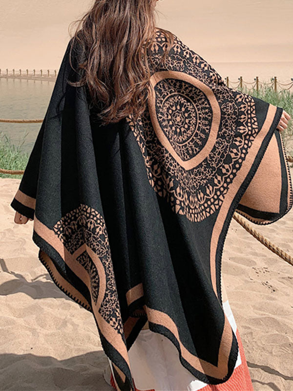 Black Ethnic Print Cloak Cardigan