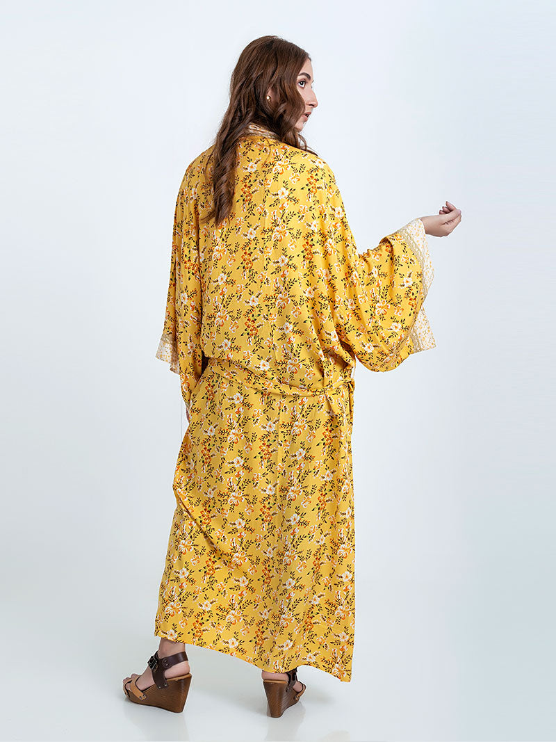 Brautpartymode Blumendruck Gelb Farbe Baumwolle Langes Kleid Robe Kimono