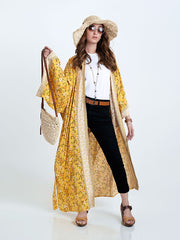 Vestido de fiesta nupcial con estampado floral, color amarillo, de algodón, largo hasta el suelo, bata tipo kimono