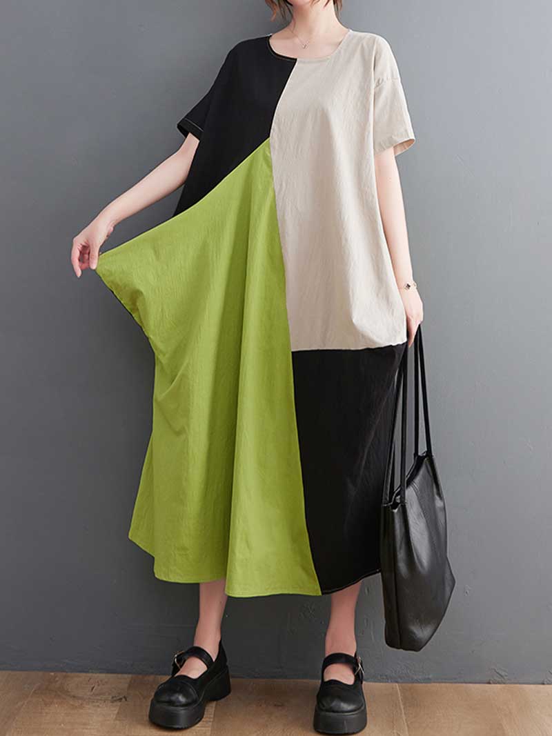 Plain Cotton Short Sleeves A-Line Dress