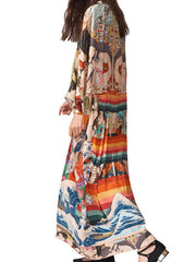Printed Multicolor Chiffon Polyester Long Length Gown Kimono Duster Robe