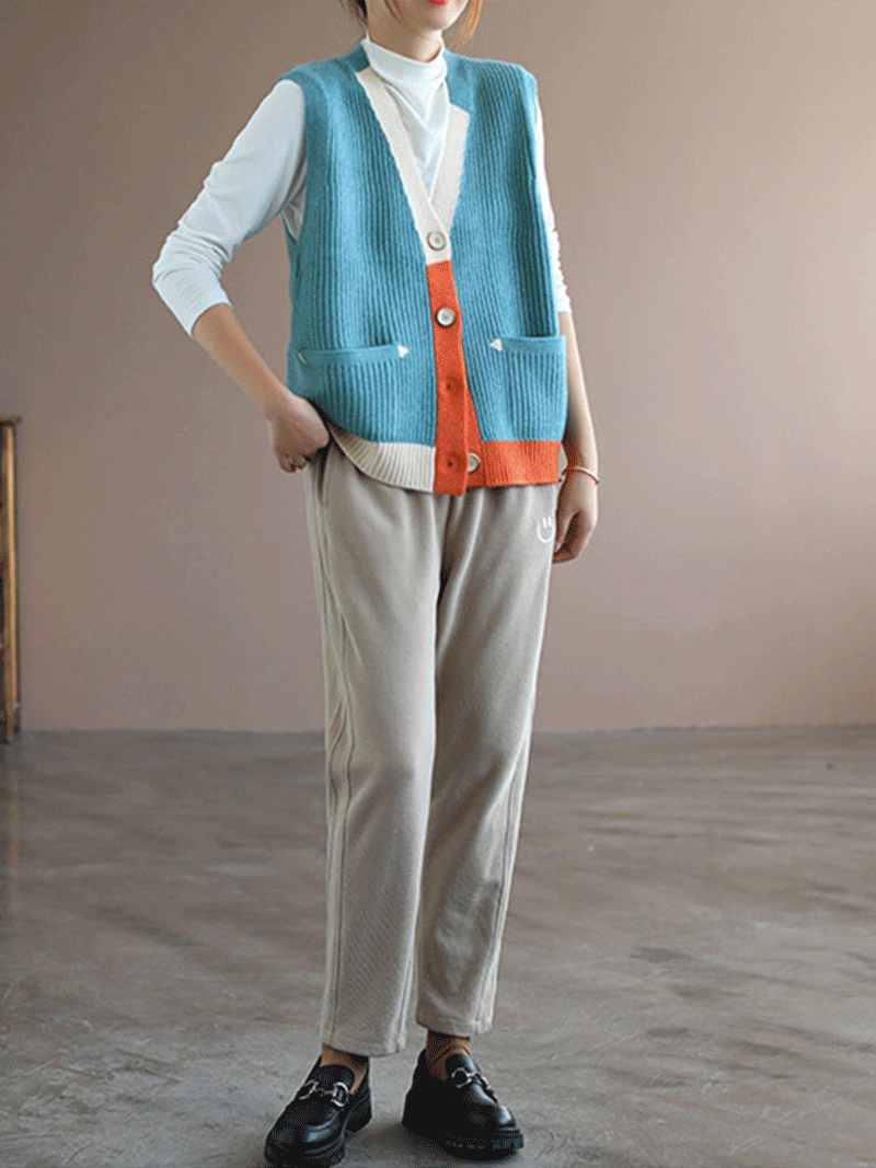 Blue Moon V-neck Knitted Vest Waistcoat Cardigan Sweater