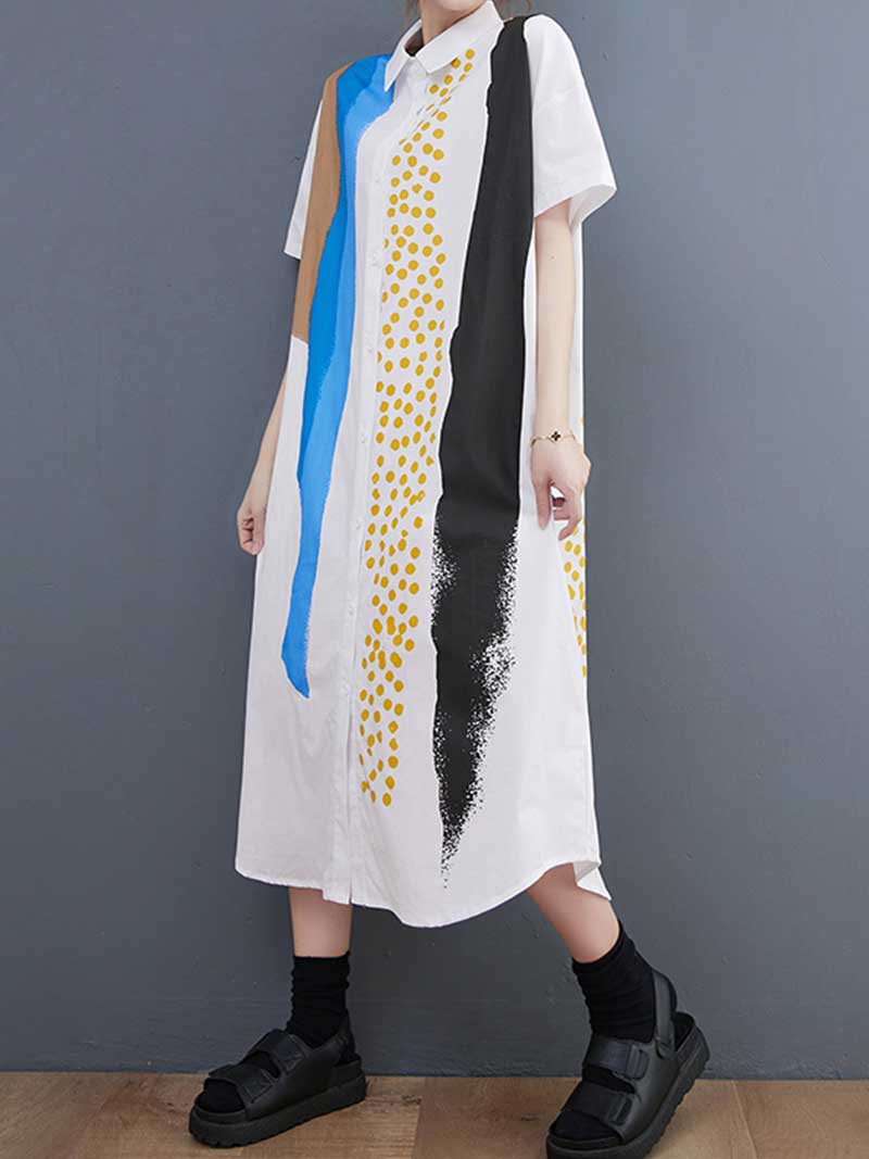 Cotton Art Print Short Sleeve Shirt Dress