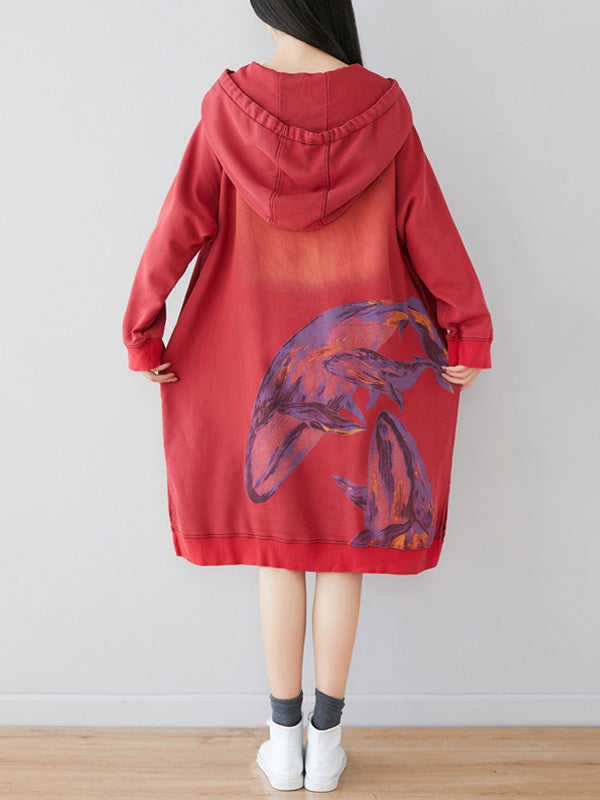 Loose Ethnic Floral Hooded Sweatshirt Dress