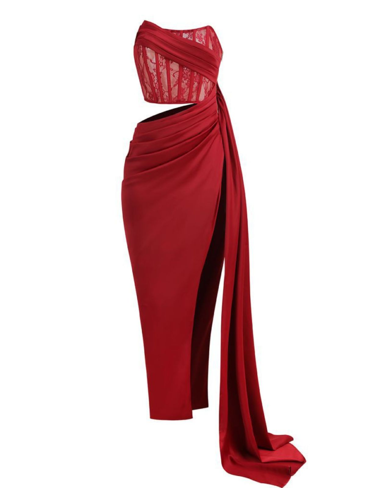 Leif – Rotes Maxikleid mit Korsett-Schlitz und Spitze 