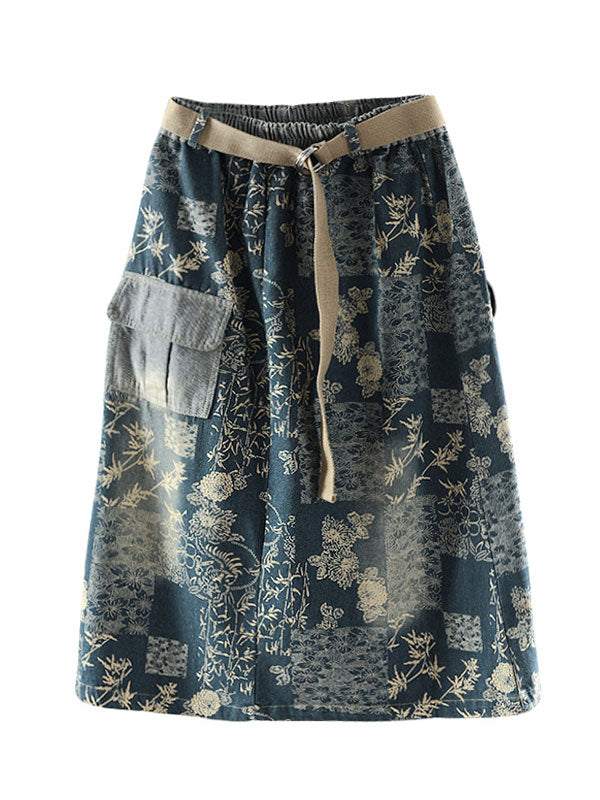 Floral Printing Denim Skirt