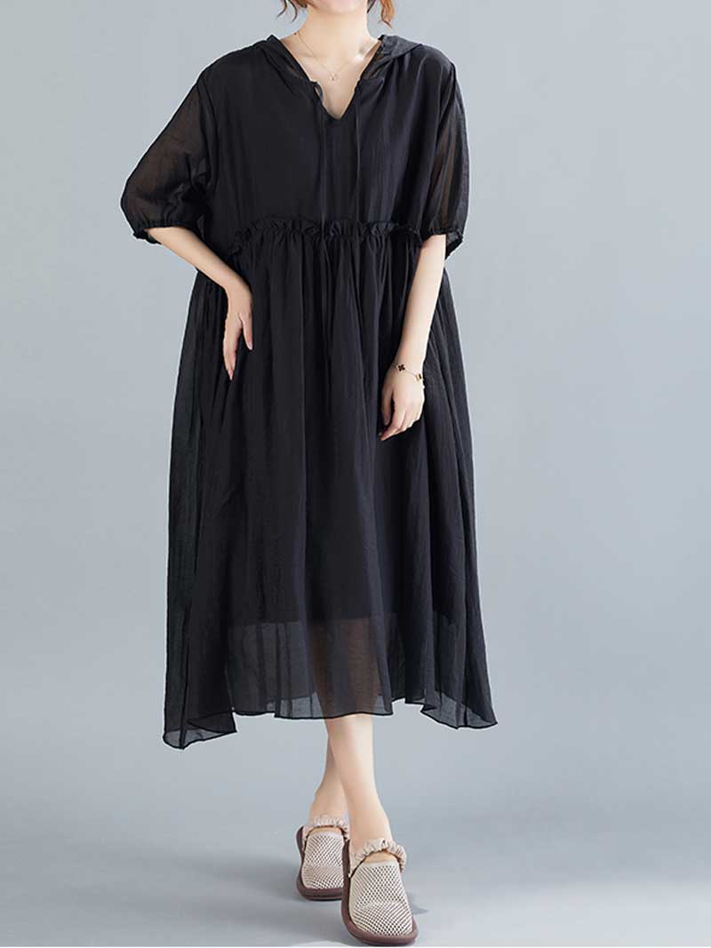 Plain Cotton Short Sleeves Hooded Style A-Line Dress