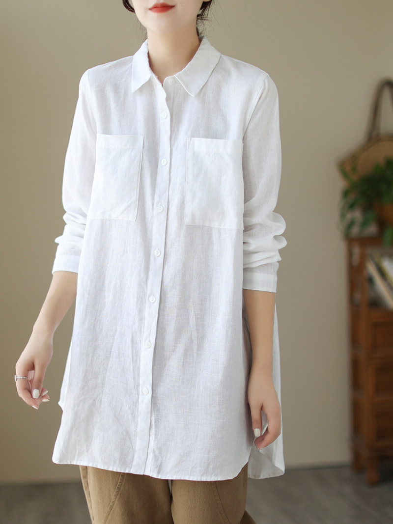 Casual Long-Sleeved Shirt Loose Mid-Length Button Shirt Top With Pocket
