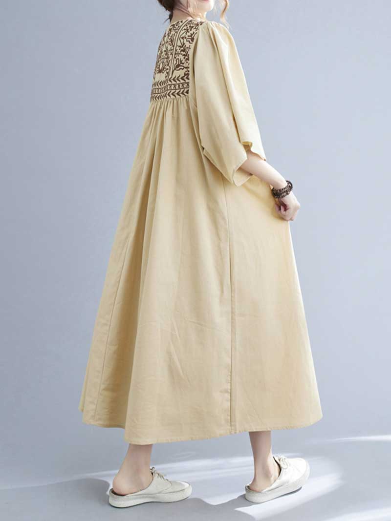 Embroidered Polyester Round-Neck A-Line Dress