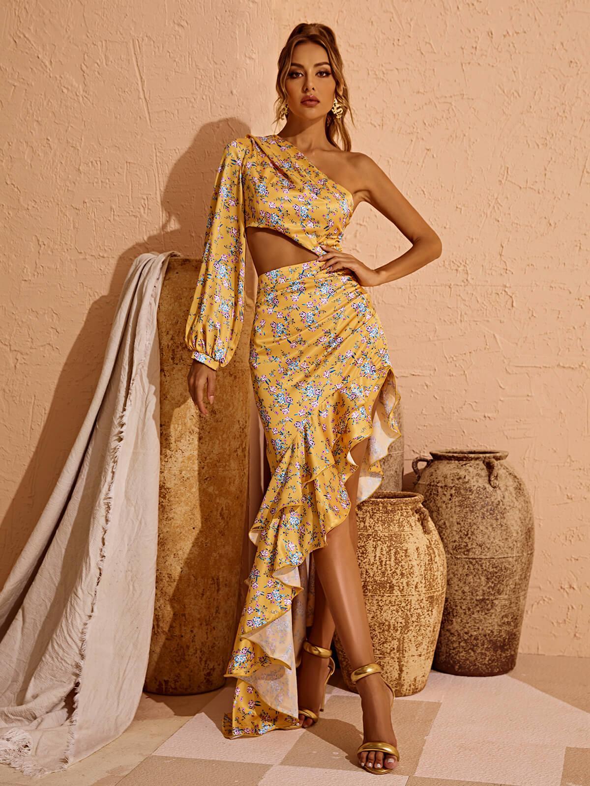 Aiyana One Shoulder Floral Maxi Dress In Yellow