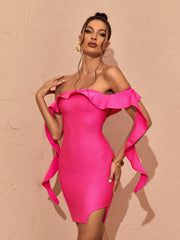 Alivia Off Shoulder Ruffle Bandage Dress In Hot Pink
