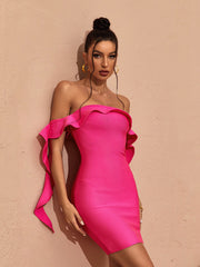 Alivia Off Shoulder Ruffle Bandage Dress In Hot Pink