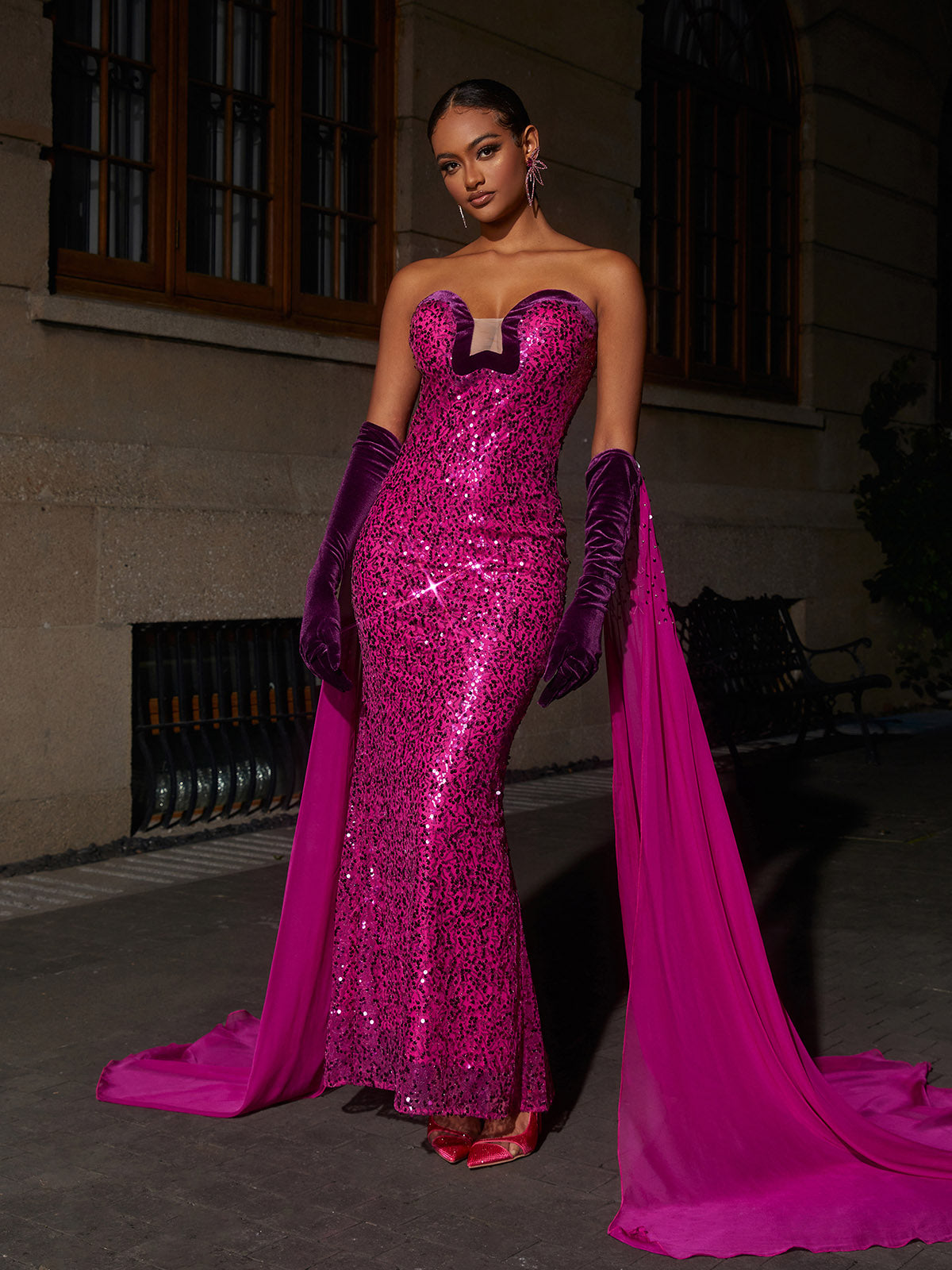 Anica Strapless Sequin Maxi Dress With Gloves