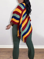 Knitted Striped Tassel Poncho