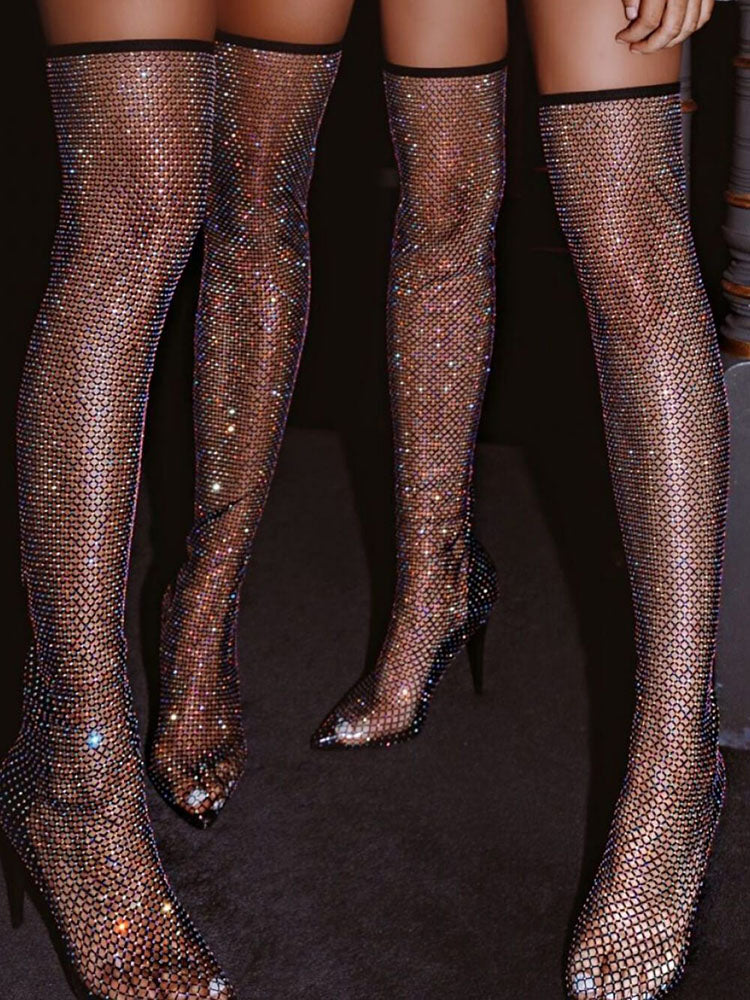 Strass Fischnetz Heels Stiefel