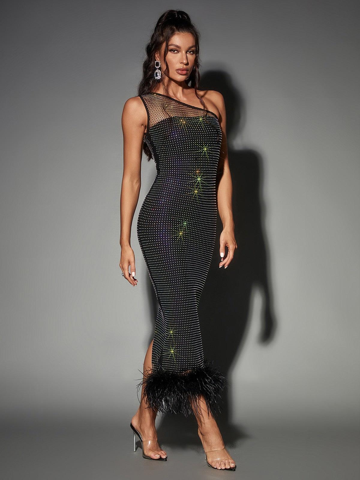 Bowie Mesh Diamond Feather Bandage Dress