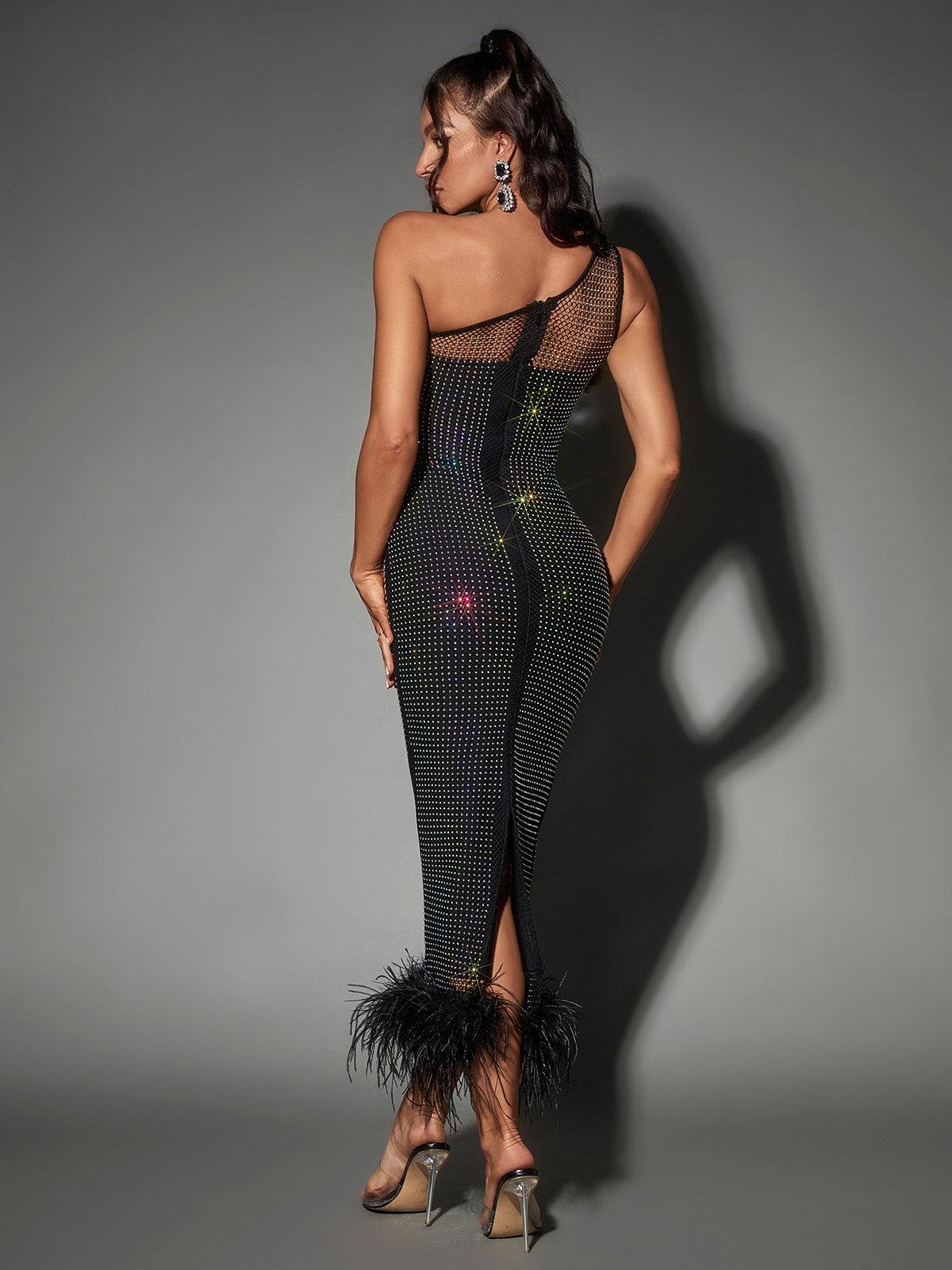 Bowie Mesh Diamond Feather Bandage Dress