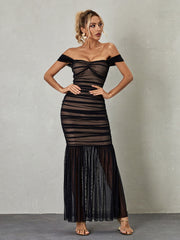 Breigh Off Shoulder Mesh Ruched Maxi Dress