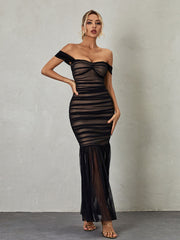 Breigh Off Shoulder Mesh Ruched Maxi Dress