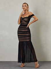 Breigh Off Shoulder Mesh Ruched Maxi Dress