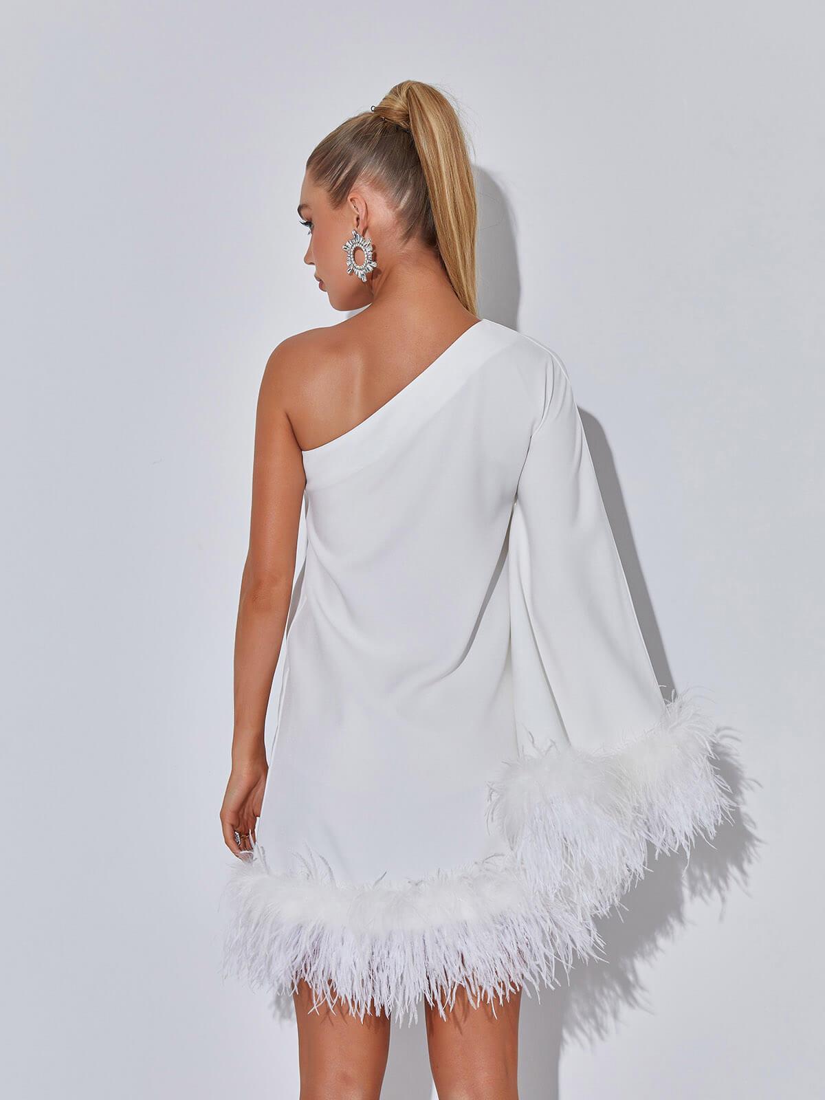 Ceridwen One Shoulder Feather Mini Dress In White