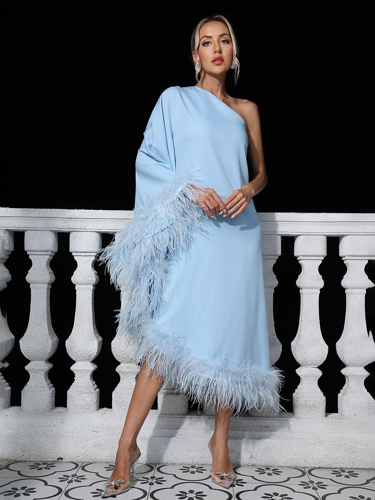 Ceridwen One Shoulder Feather Trimmed Maxi Dress In Blue