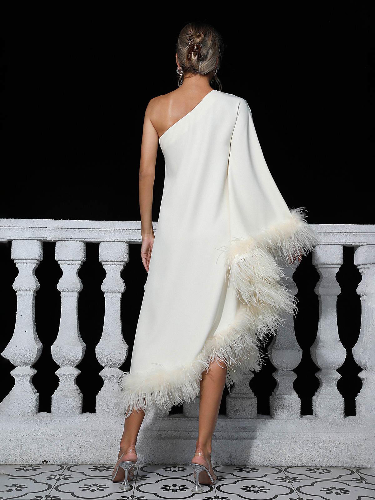 Ceridwen One Shoulder Feather Trimmed Maxi Dress In White
