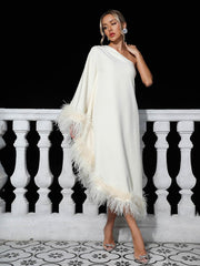 Ceridwen One Shoulder Feather Trimmed Maxi Dress In White