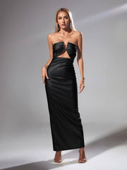 Emer Strapless Leather Maxi Dress In Black