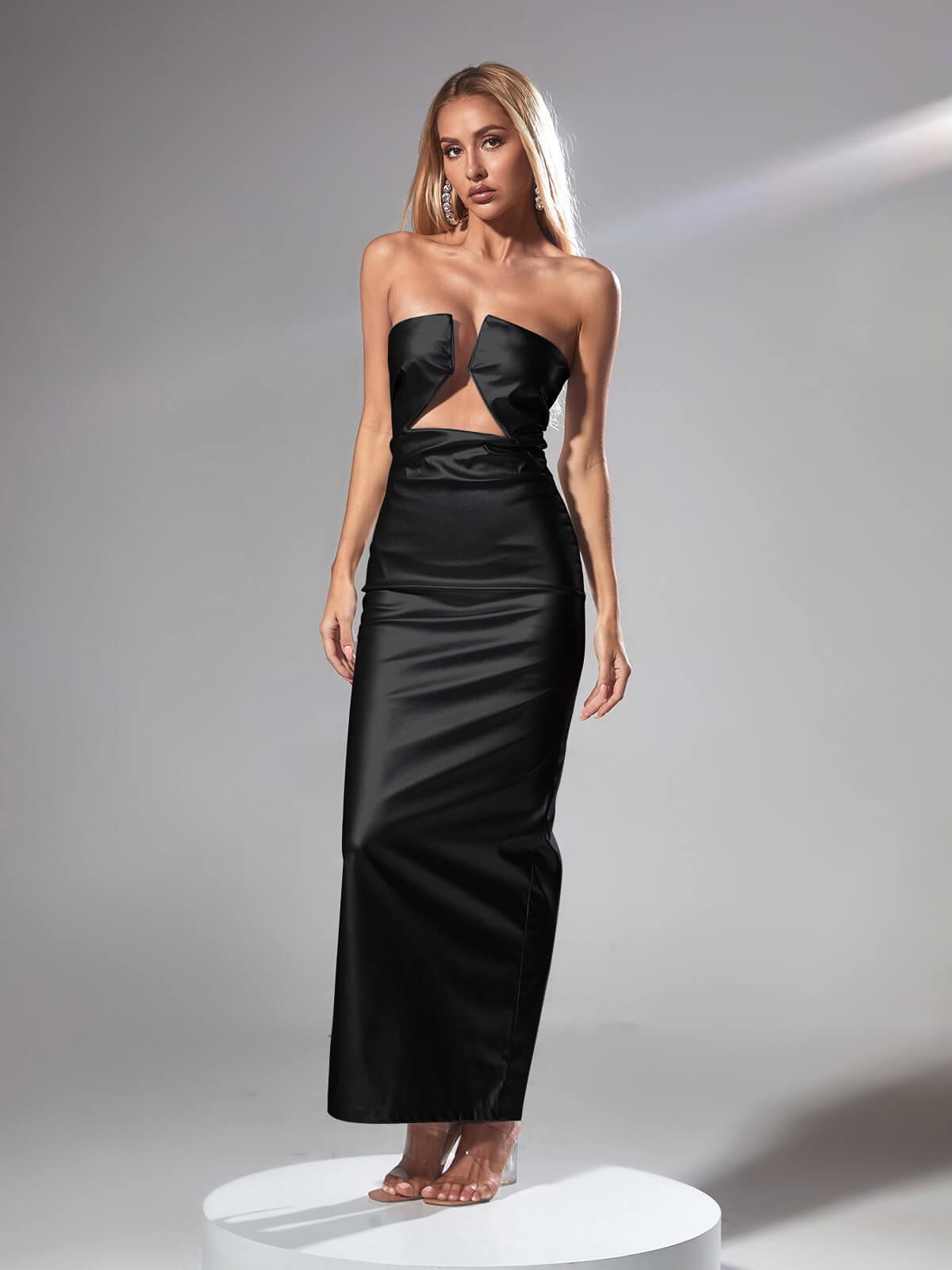 Emer Strapless Leather Maxi Dress In Black