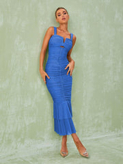 Eri Ruched Mesh Maxi Dress In Blue