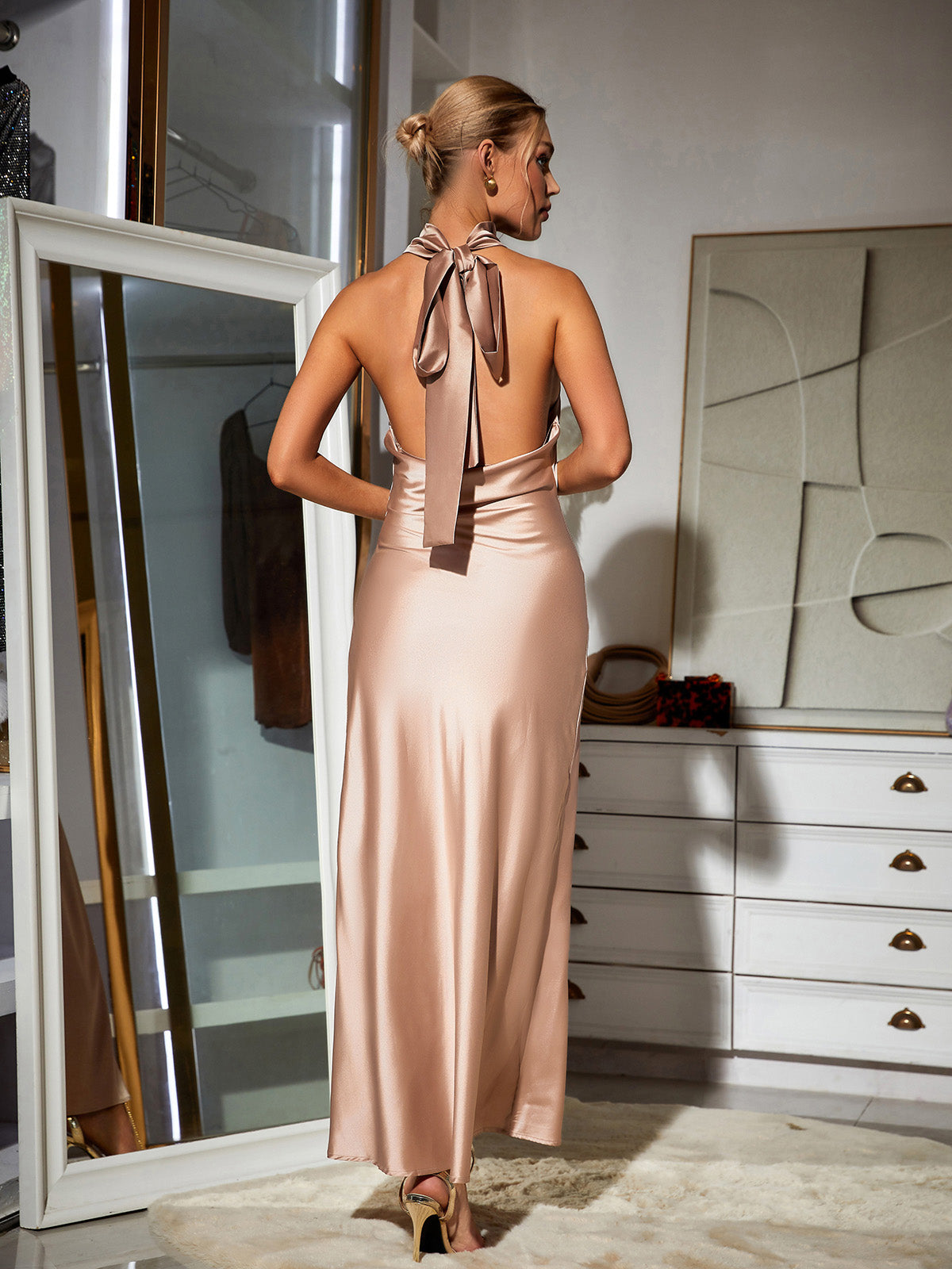 Flynn Satin Halterneck Maxi Dress In Beige