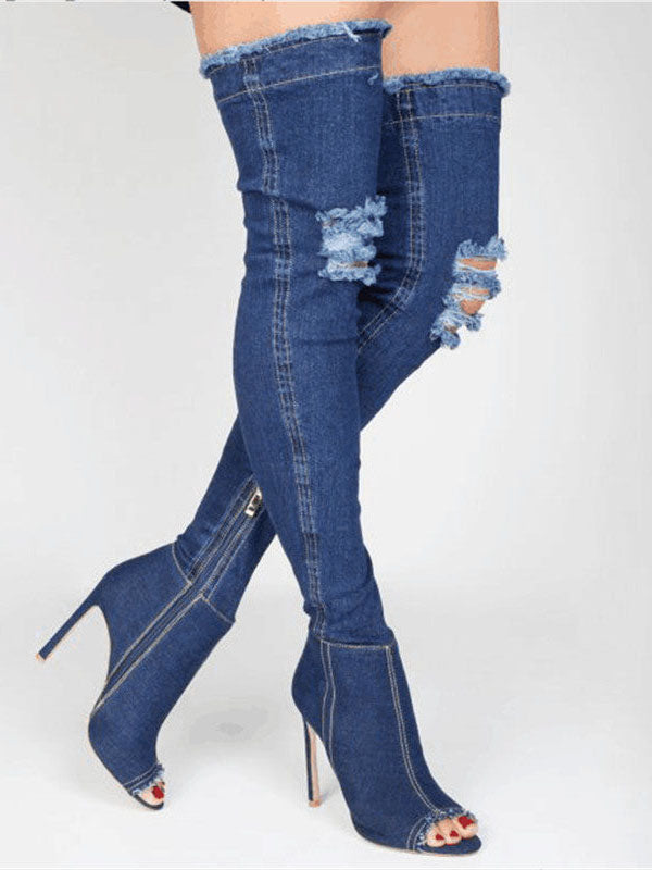 Peep Toe Over The Knee Denim Boots