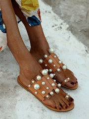 Sandalias planas casuales con decoración de perlas