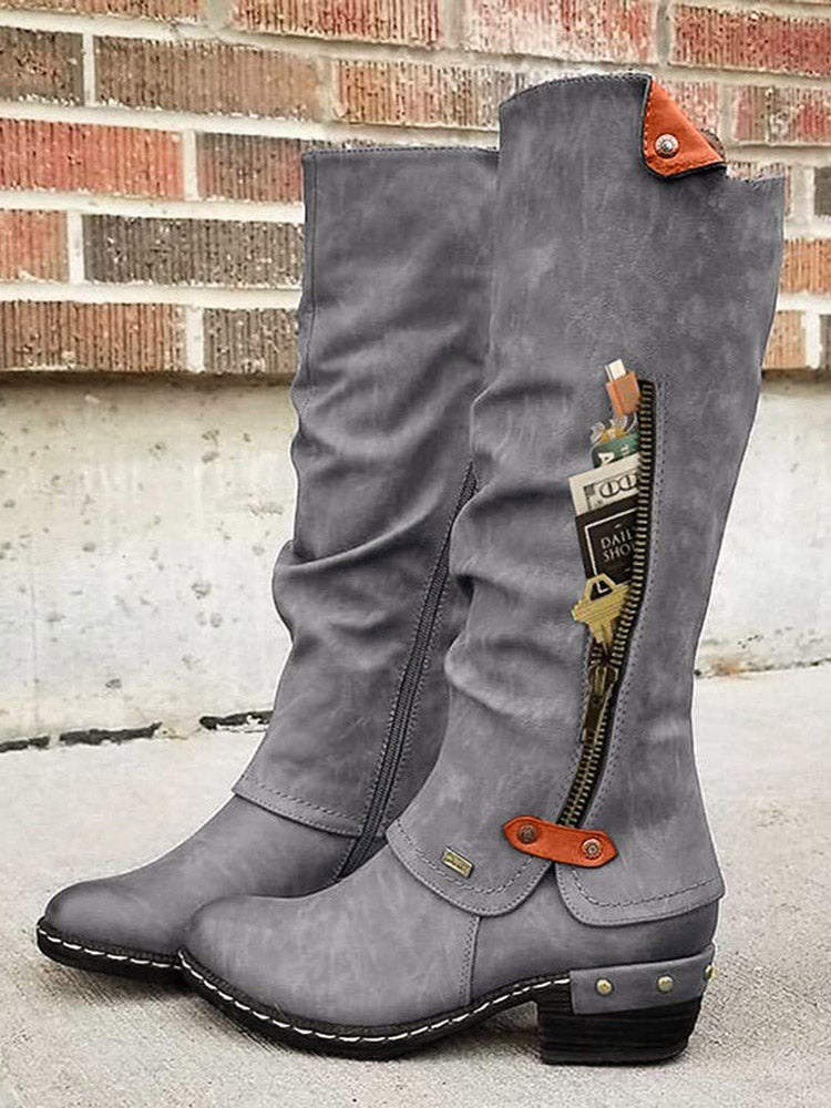 Zipper PU Leather Boots