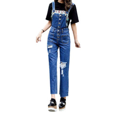 Wide-leg distressed women's denim jumpsuit