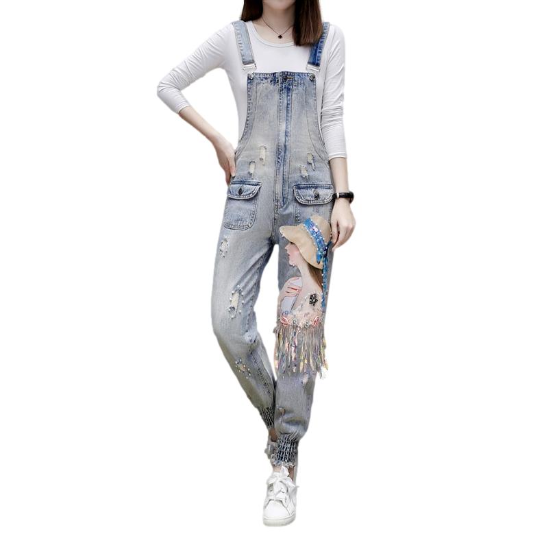 Women's head embroidery denim jumpsuit