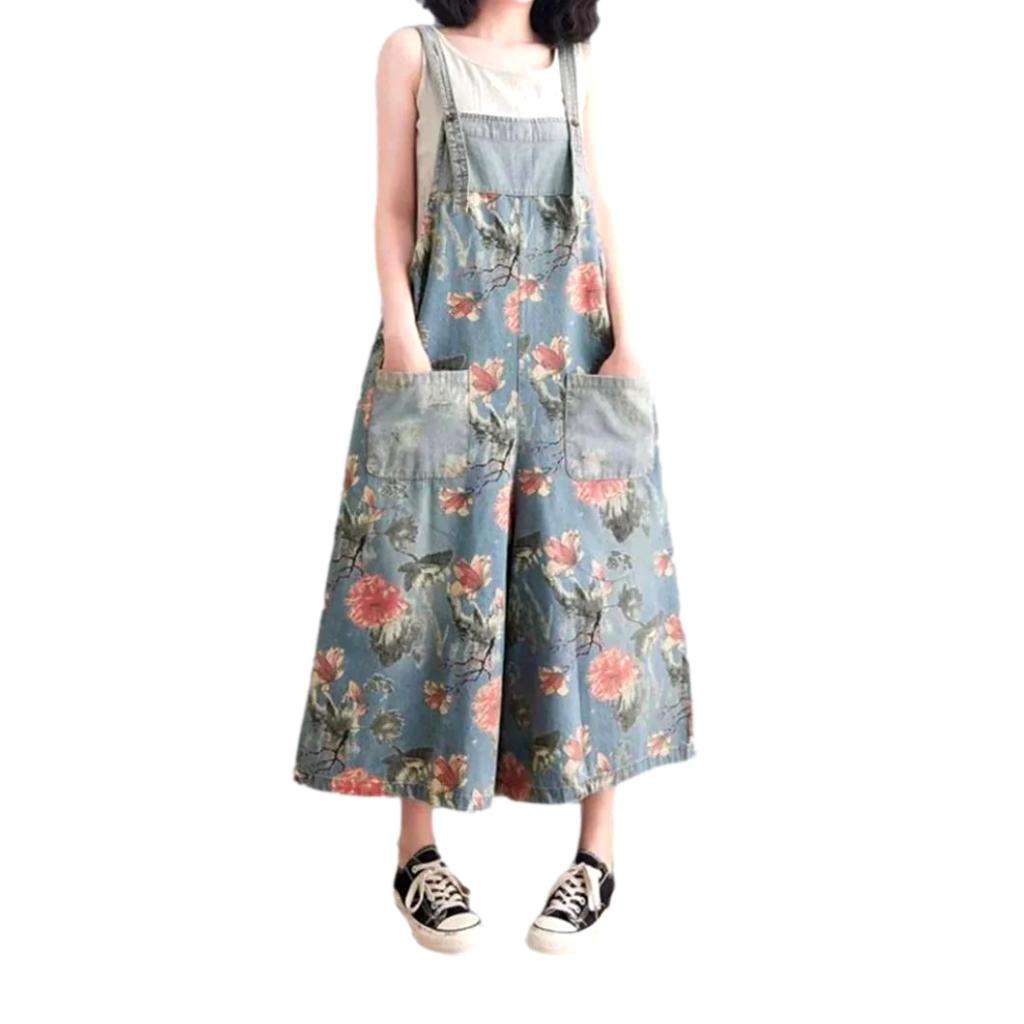 Wide-leg flowery women's denim jumpsuit