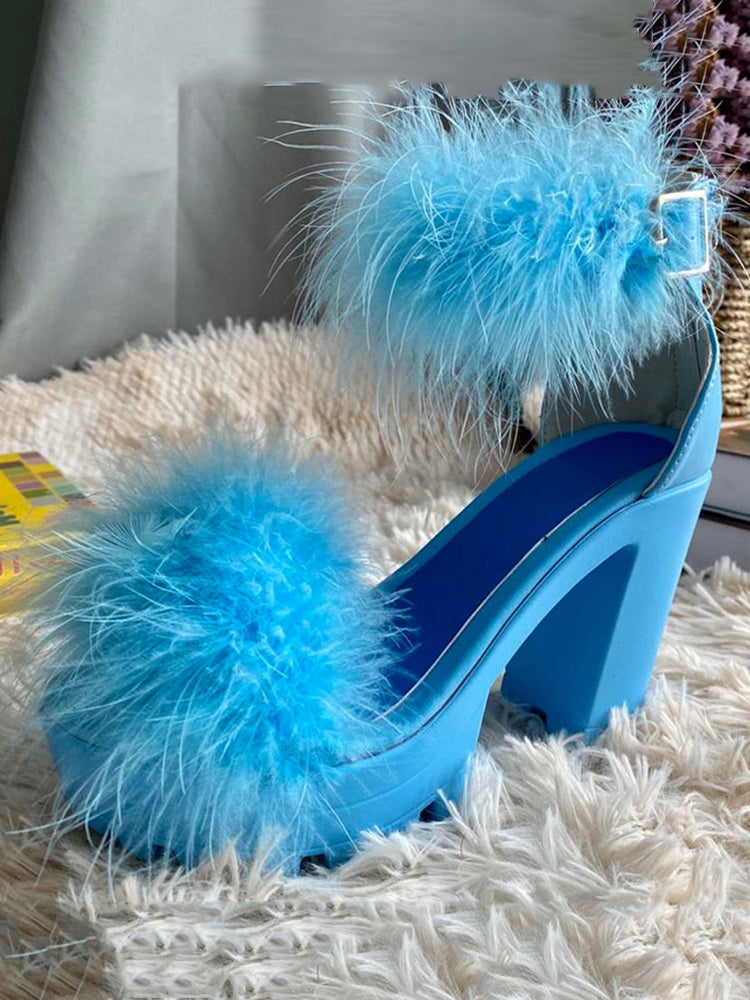 Furry Chunky Heel Sandal