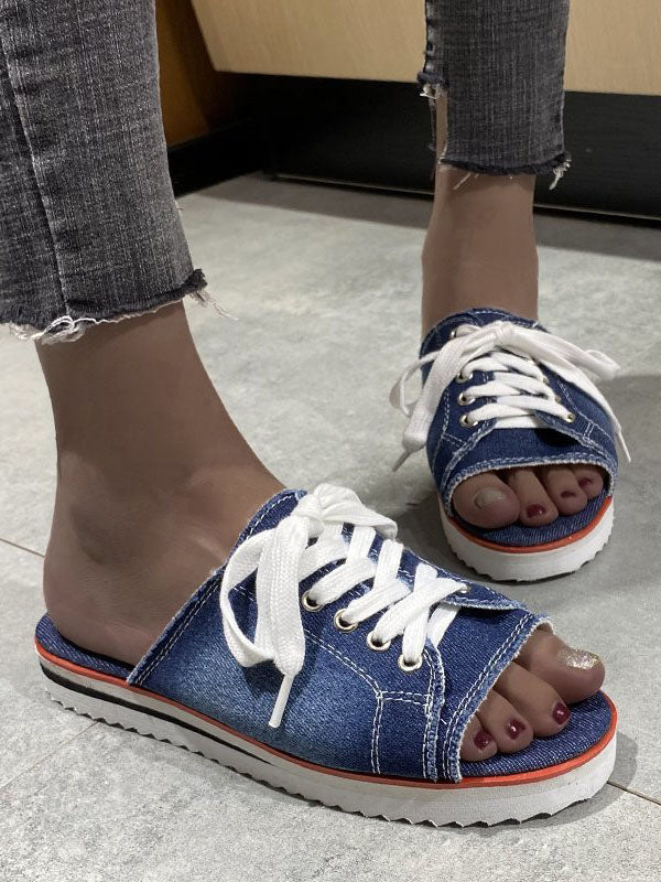 Lace Up Denim Flat Slippers