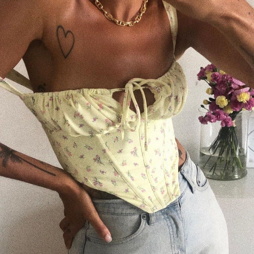 Korsett-Bustier-Crop-Top mit Sonnenblumen-Blumendruck 